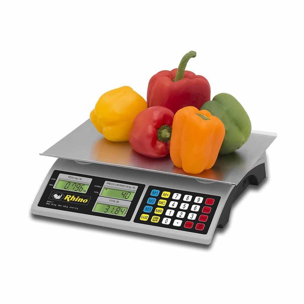 Rhino BAR-7 Bascula Mostrador Pantalla Cuarzo 30 kg Sobre Mostrador Recepción Pesar Cobrar Báscula para Fruteria Verduleria Tienda Negocio. Ideal para pesar, tianguis, frutas, verduras, casa, restaurante, carnicería, cremería, cocina, comedor industrial, negocio, carnes, tienda, etc. KitchenMax.Store. Envíos seguros a todo México. Cotiza hoy mismo.