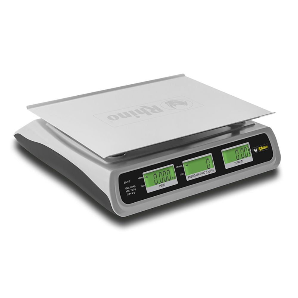 Rhino BAR-8 Bascula Mostrador Pantalla Cuarzo 40 kg Sobre Mostrador Recepción Pesar Cobrar Báscula para Fruteria Verduleria Tienda Negocio. Ideal para pesar, tianguis, frutas, verduras, casa, restaurante, carnicería, cremería, cocina, comedor industrial, negocio, carnes, tienda, etc. KitchenMax.Store. Envíos seguros a todo México. Cotiza hoy mismo.