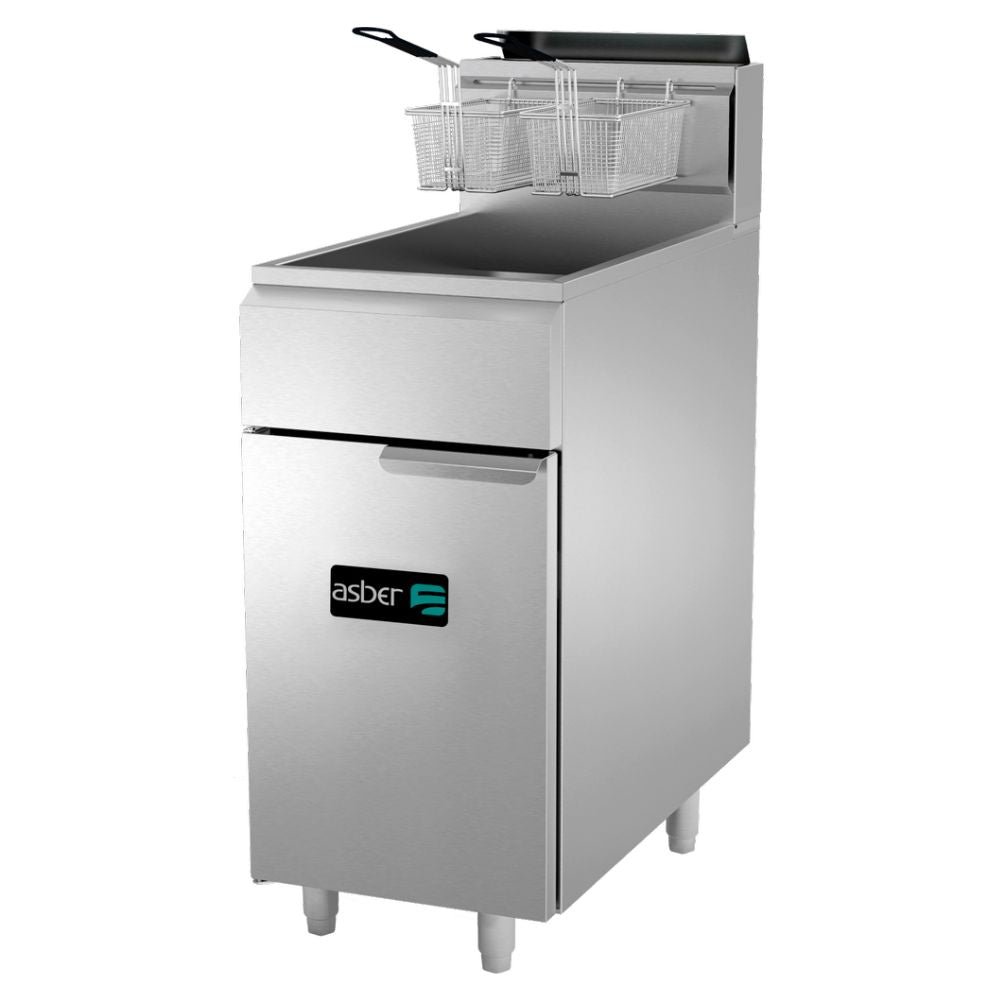 FREIDORA ASBER AEF-4050-S-E | Freidora | 1 Tina | 2 Canastillas | 24 Litros | Gas | Acero Inoxidable | Pollo Alitas Restaurante | Freidora Gas Acero Inoxidable Alitas Papas Francesa Gajo Snacks Preparacion Alimentos Hotel Restaurante Coccion Negocio Local Boneles Gusgueria Termostato Zona Fria Recuperacion Rapida Profesional Calidad Cocina Industrial Uso Rudo Aceite Litros Freir Fritura Pollo Frito Salchipulpo Capeados Comida Rapida Fonda Cafeteria Valvula Seguridad Desague Canastilla Tina Patas 