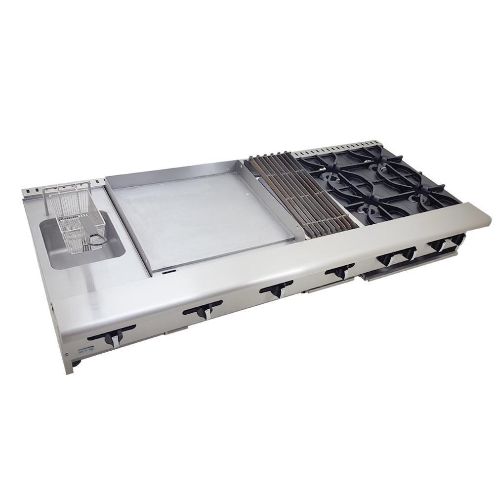 ASBER MULTIPLE AM-72 | Estufa | Cafeteria Restaurante Hotel Bistro Bar | 4 Quemadores | Asador Parrilla Plancha Freidora | Gas | Acero Inoxidable | Gris | Estufa multiple mesa Sobre barra Freidor Gas Charola Derrame Coccion Preparacion de Comida Cocina Industrial