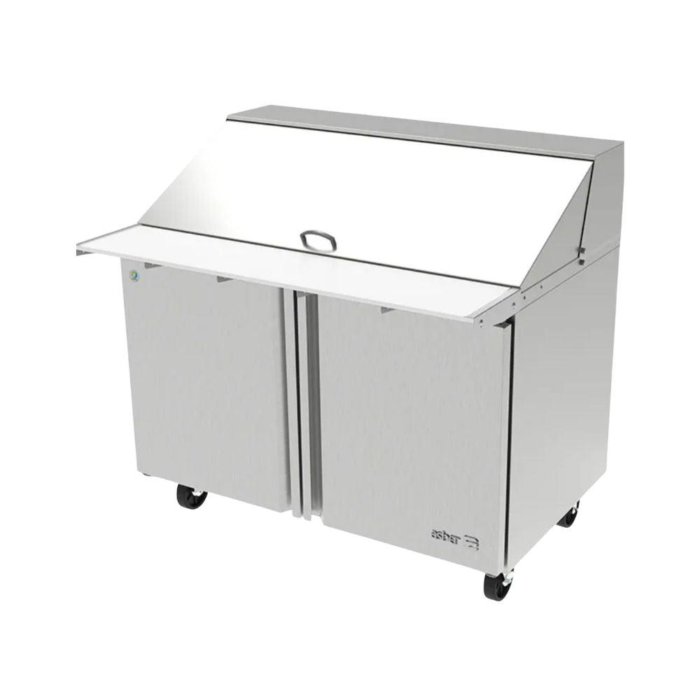 MESA ASBER APTM-48-18 HC | Mesa Refrigerada | 2 Puertas Solidas | Acero Inoxidable | 2 Parrillas | Eléctrico | Gris | Ingredientes Verduras Carnes Cocinas Profesionales Restaurantes Cocinas Economicas Fondas Banquetes Cafeterias Preparacion de Alimentos Conservar Vegetales Ensaladas Baguettes
