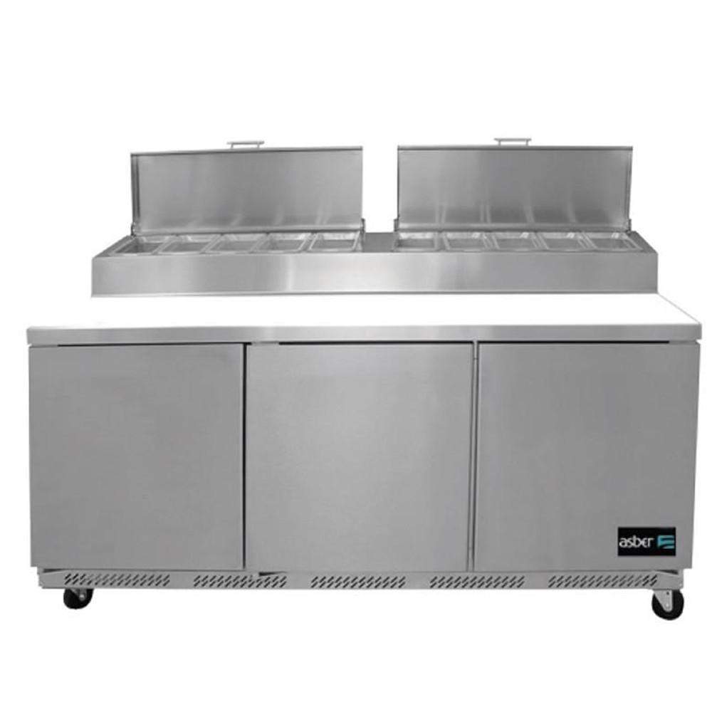 MESA ASBER APTP-72 HC | Mesa Refrigerada | 3 Puertas Solidas | Acero Inoxidable | Eléctrico | 4 Ruedas | Gris | Restaurante Bistro Bar Comedor Industrial Banquetes Hoteles Refrigerar Conservar Carne Pollo Res Vegetales Alimentos Ensaladas Jitomate