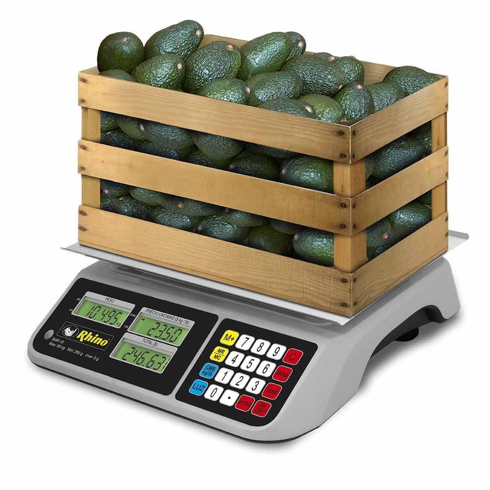 Rhino BAR-10 Bascula Mostrador Pantalla Backlight 60 kg Sobre Mostrador Recepción Pesar Cobrar Báscula para Fruteria Verduleria Tienda Negocio Cremeria. Ideal para pesar, tianguis, frutas, verduras, casa, restaurante, carnicería, cremería, cocina, comedor industrial, negocio, carnes, tienda, etc. KitchenMax.Store. Envíos seguros a todo México. Cotiza hoy mismo.