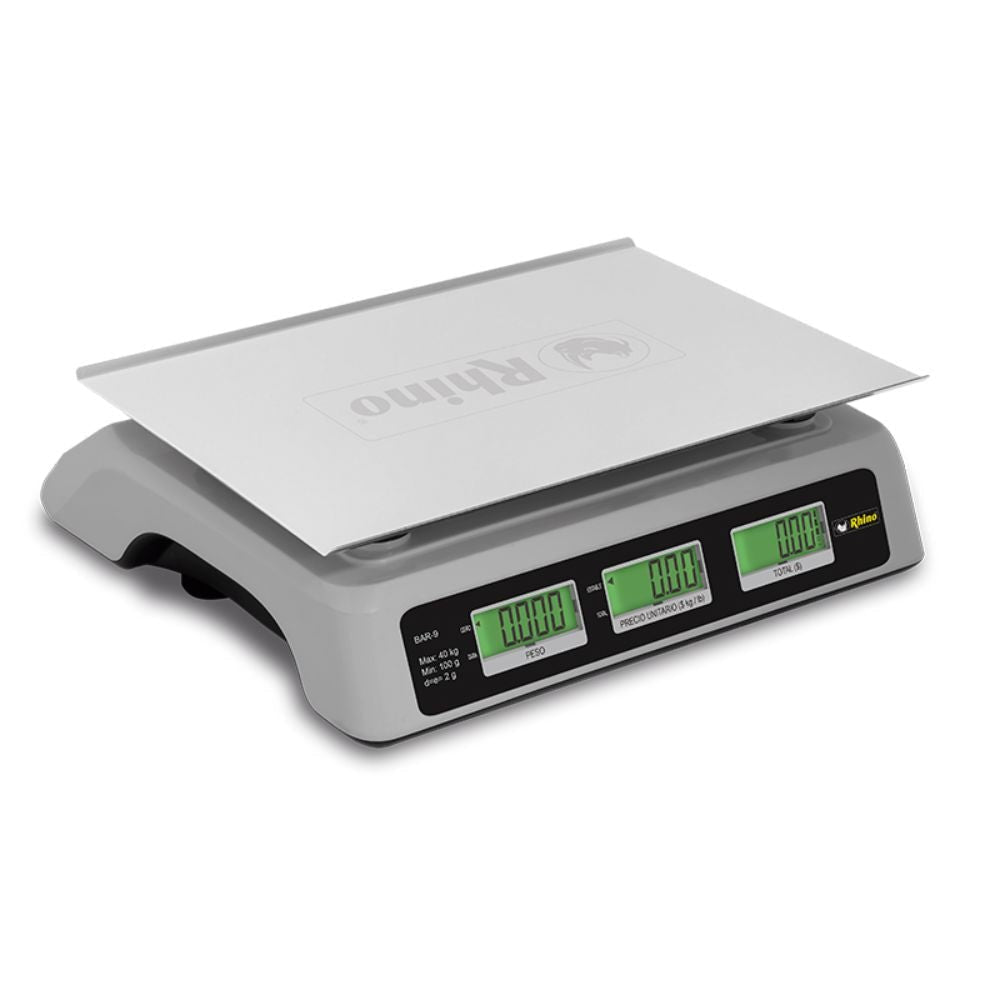Rhino BAR-9 Bascula Mostrador Pantalla Backlight 40 kg Sobre Mostrador Recepción Pesar Cobrar Báscula para Fruteria Verduleria Tienda Negocio Cremeria. Ideal para pesar, tianguis, frutas, verduras, casa, restaurante, carnicería, cremería, cocina, comedor industrial, negocio, carnes, tienda, etc. KitchenMax.Store. Envíos seguros a todo México. Cotiza hoy mismo.